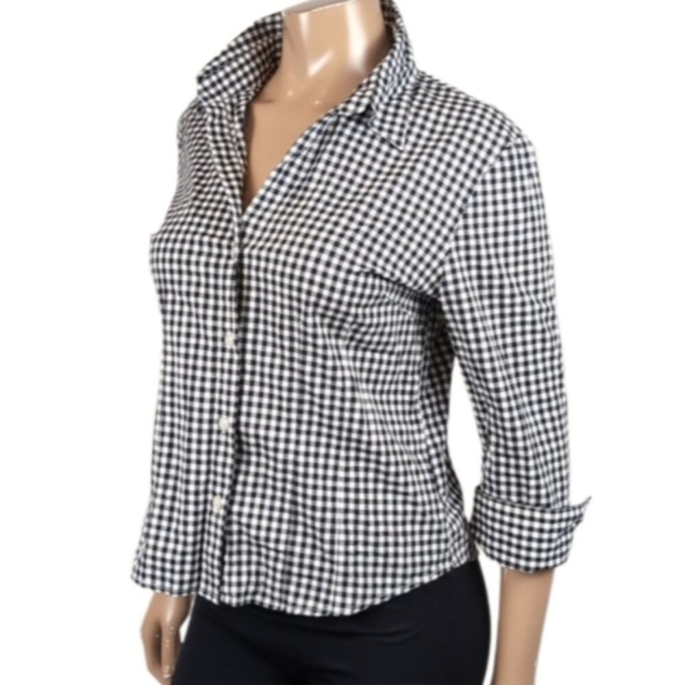 Vintage 90s Weathervane Gingham Plaid Shirt Buttoned Cropped Sleeve Flip Cuff